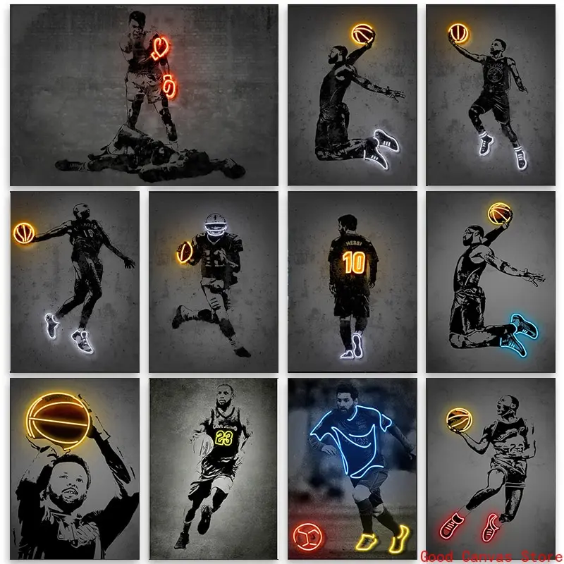 النيون تأثير الرياضة ستار الملصقات لاعبي كرة السلة كرة القدم الكتابة على الجدران قماش اللوحة طباعة صور فنية للجدران لغرفة ديكور المنزل #1