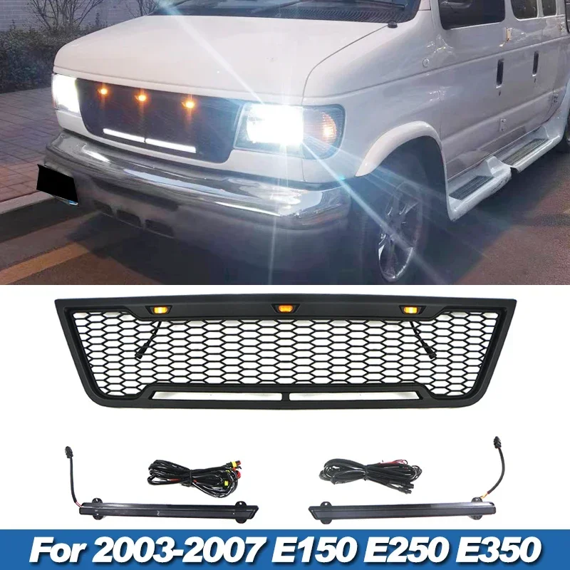 

Fit for 2003-2007 Ford E150 E250 E350 grille with LED light bar front bumper 2005 grill accessories upper bumper accessories