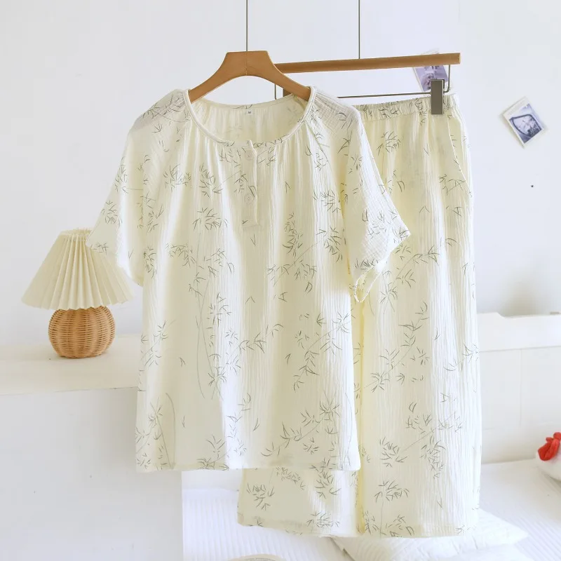 2026 New Women's Spring/Summer Pajama Set 100% Cotton Crepe Round Neck Short Sleeve+cropped Pants Fresh Floral Home Clothes