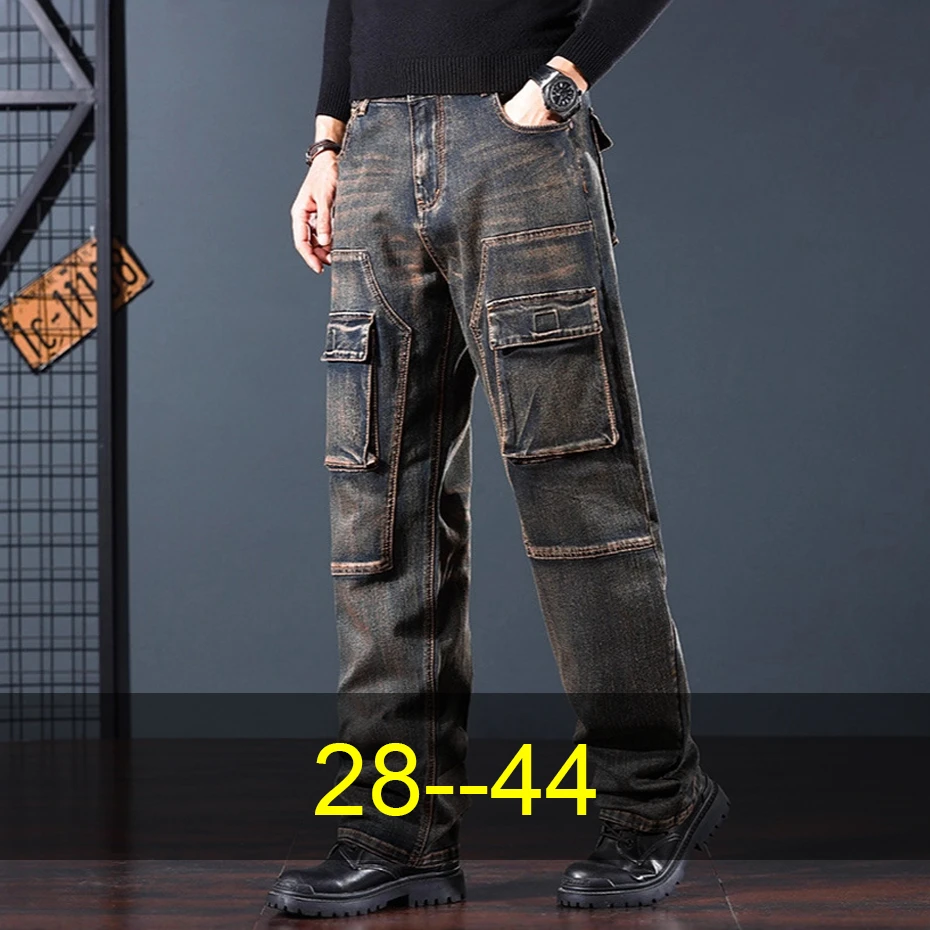 

Baggy Jeans Vintage Denim Pants Men 44 Plus Size Moto Biker Jeans Fashion Casual Straight Jeans Pants Male Big Size