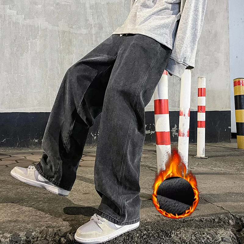 Calça jeans solta de lã de inverno masculina veludo quente cintura elástica perna larga y2k calças jeans retas e confortáveis roupas masculinas de marca