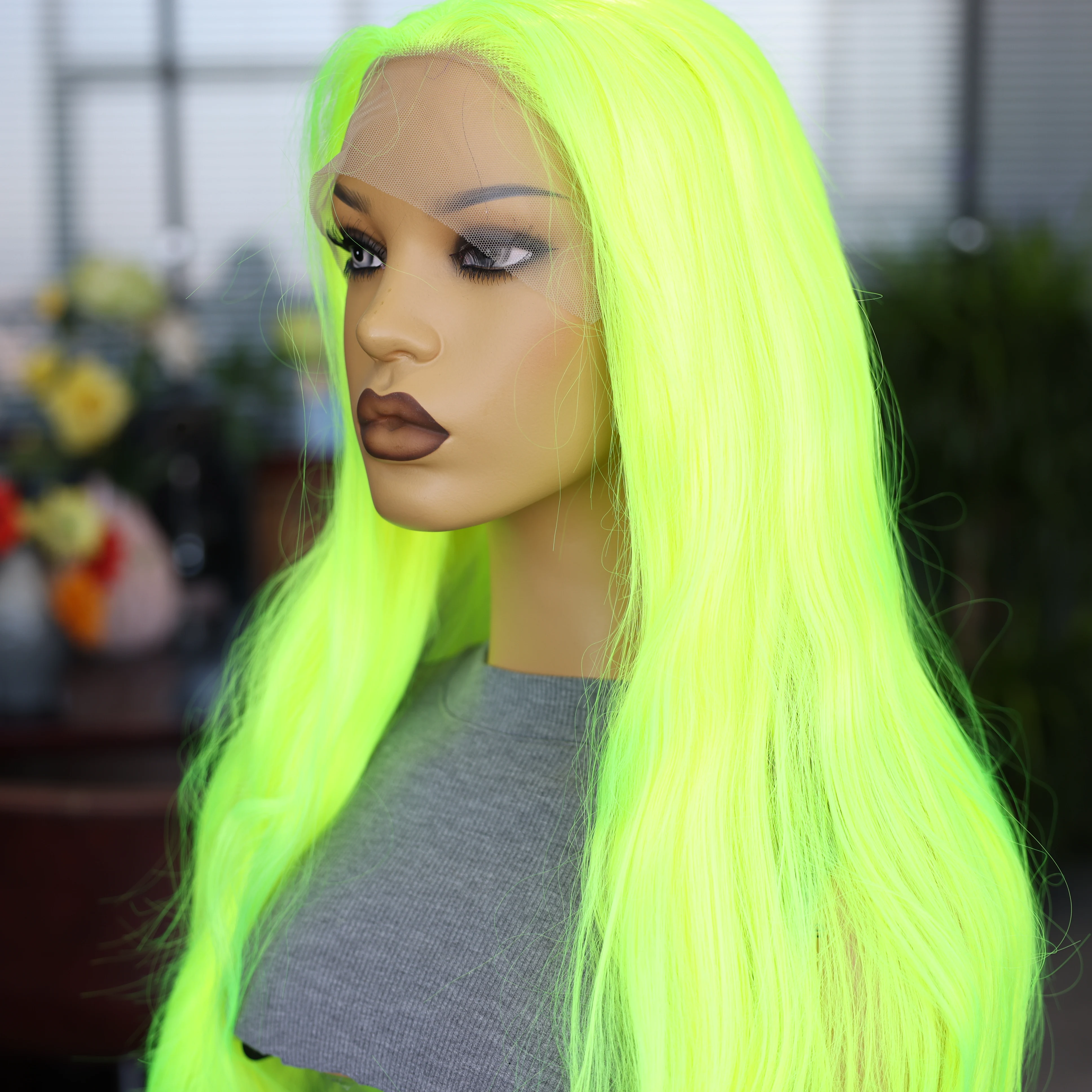 Green Synthetic Lace Wig for Cosplay Concert Long Fluorescent Green Straight Hair Wig No Gel No Falling Natural Hairline