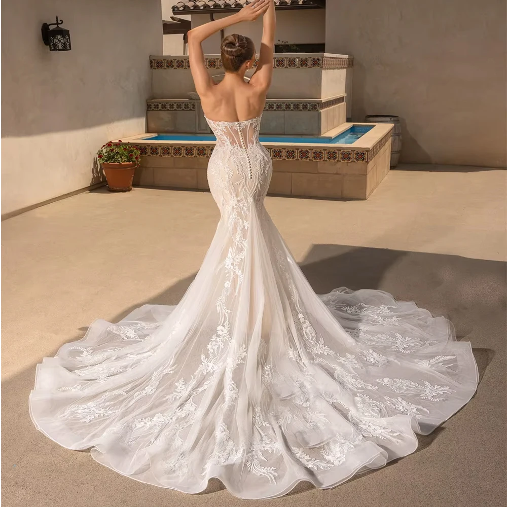 فساتين زفاف حورية البحر عصرية مخصصة للمرأة الزفاف قبالة الكتف الخامس الرقبة تول يزين Vestidos طول الأرض فستان زفاف