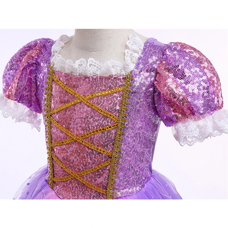 Halloween Children Shiny Tangled Rapunzel Costume Carnival Girls Sequin Puff Sleeve Elegant Sofia Princess Birthday Party Dress