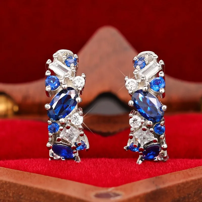 2026 New Blue and White Klein Zircon Ear Buckle with Women's Design Sense, High End Trendy Jewelry Accessories
