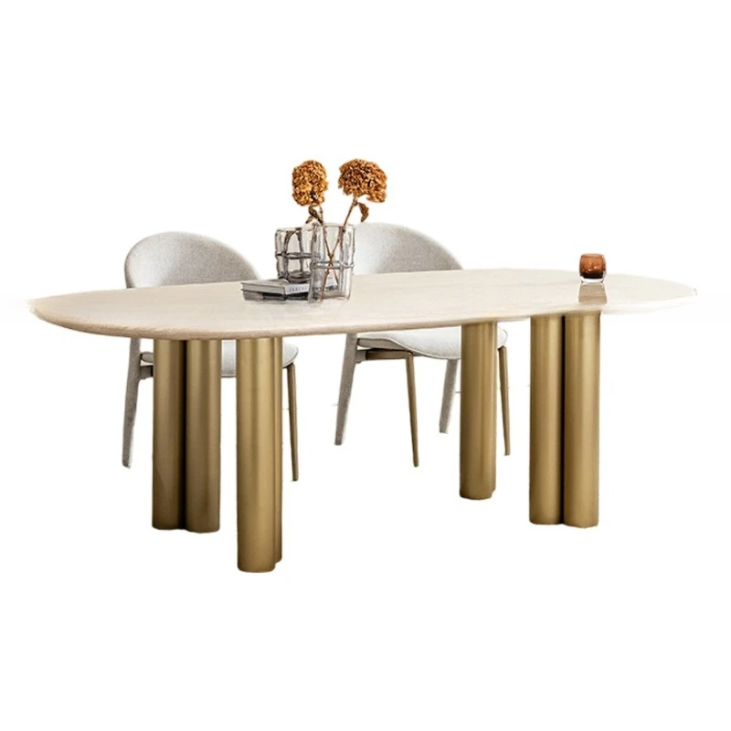 

Light luxury marble dining table set oval high-end sense 220 restaurant dining table stainless steel dining table chair set
