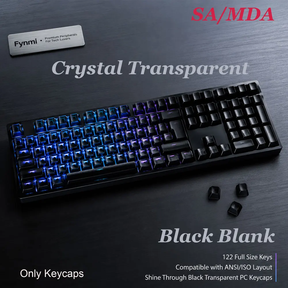 Fynmi Crystal Transparent 25% Black Blank MDA Keycaps Shine Through ANSI/ISO Layout 122 keys Full Size Keycaps