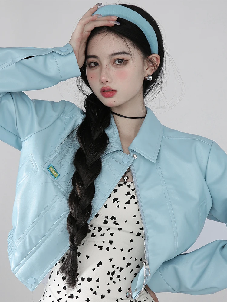 ブルーレザー ジャケット レディース フリーデザイン 春新作 ジッパー開閉 ロングスリーブ スリムフィット ユースファッション