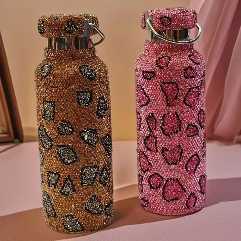 

Роскошный стакан с леопардовым принтом, блестящая чашка с бриллиантами, изолированная бутылка для воды из нержавеющей стали, портативный модный предмет, идеальный подарок