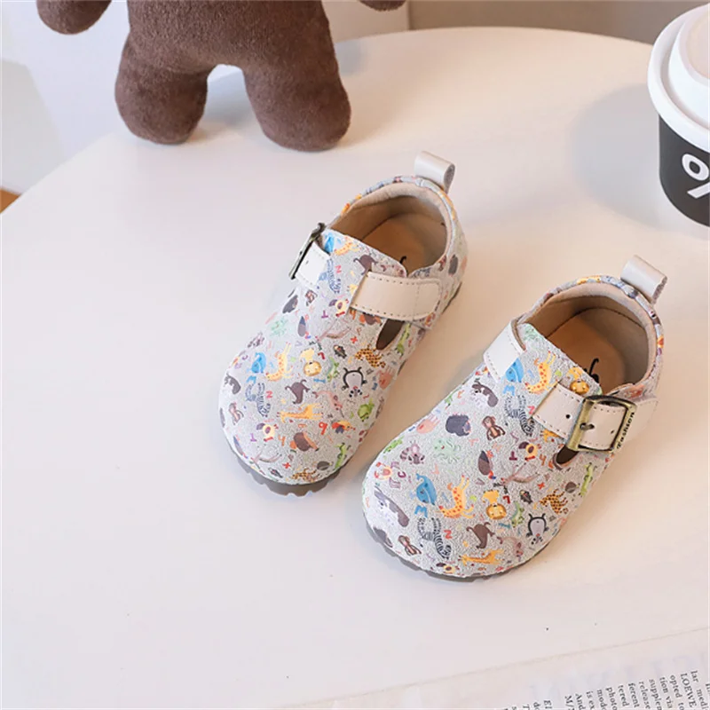 2024 New Children Shoes For Girls Leather Animal Pattern Barefoot Shoes Soft Sole Outdoor Tennis Fashion Kids Sneakers EU21-30