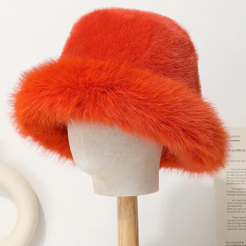 Große Faux Pelz Eimer Hut für Frauen Dicke Plüsch Warme Schöne Flauschigen Winter Hut Dame Luxus Mode Pelzigen Panama Fischer Kappe – Detail 26