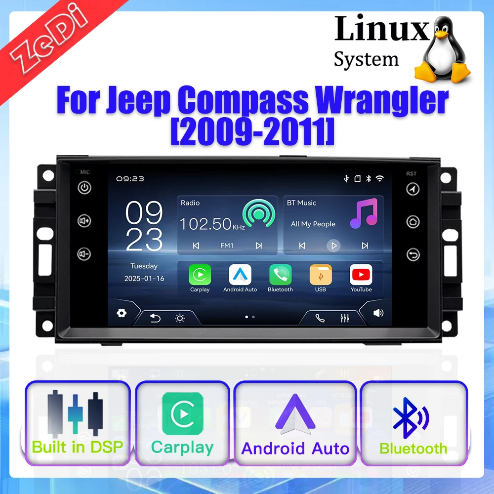 

Для Jeep Compass Wrangler (2009-2011) 7-дюймовый новый мультимедийный проигрыватель с Linux-системой, беспроводным CarPlay, Bluetooth и камерой