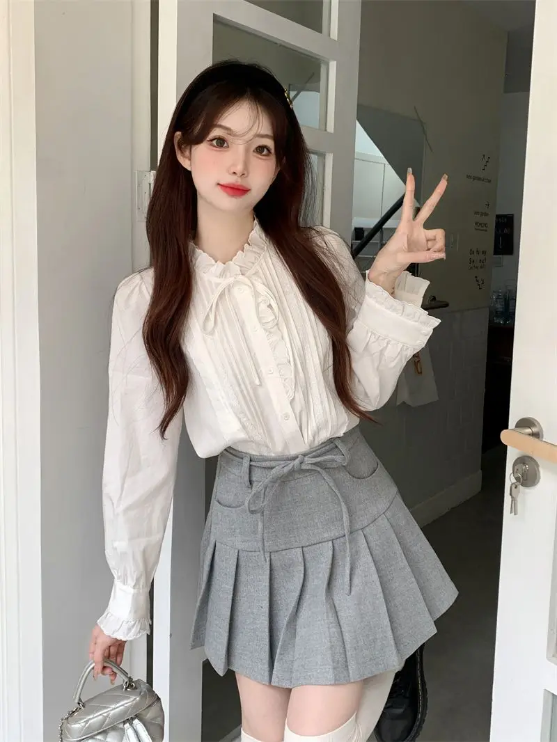 Blanc brodé champignon dentelle col montant Chemise français rétro à manches longues haut Chemise Femme Camisas De Mujer chemises et chemisiers