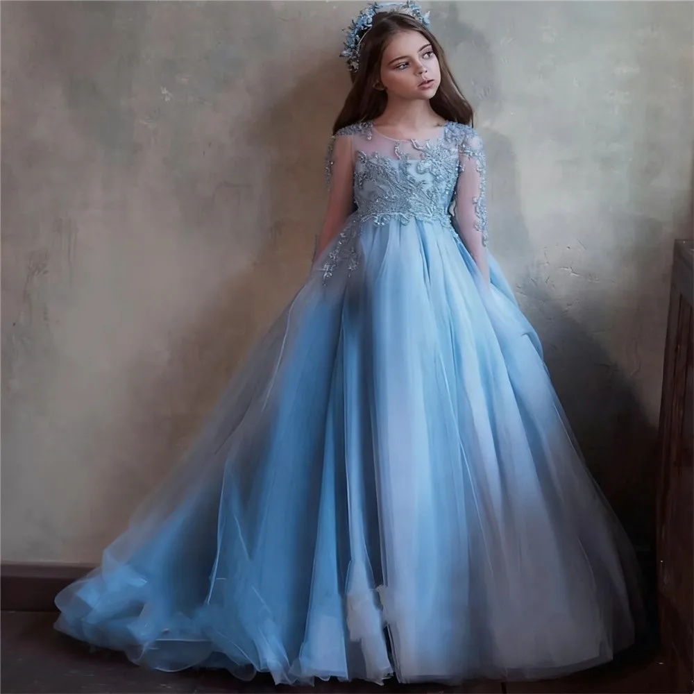 

Customized Blue Flower Girl Wedding Dress Princess Birthday Party Dress Full Sleeves Beaded Gown Kids First Communion Ball Gown
