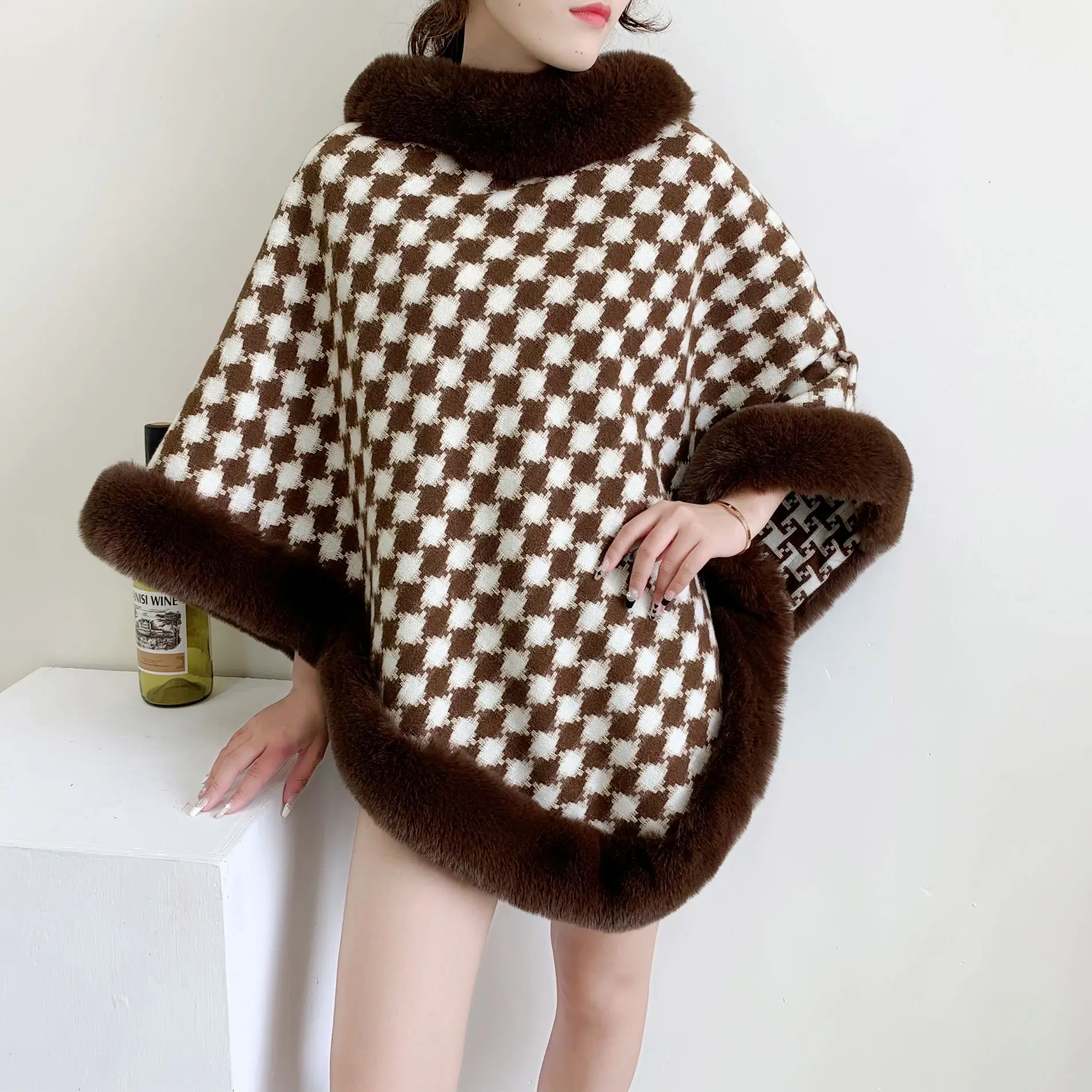 4 Colors Two Side Knitwear Winter Warm Faux Rabbit Fur Neck Plaid Cloak Women Loose Poncho Outdoor Street Pullover Knitwear