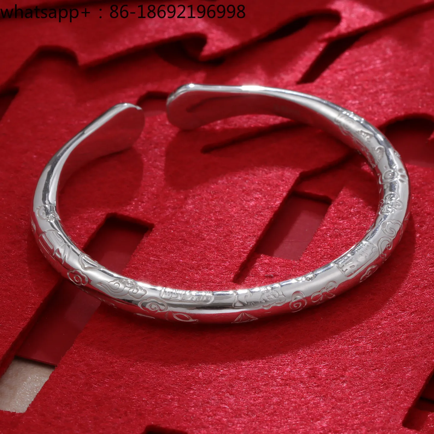 Sterling Silver Bracelet Women's Round Auspicious Words Glossy Cat Claws Silver 999 Solid Simple Temperament Open Bracelet