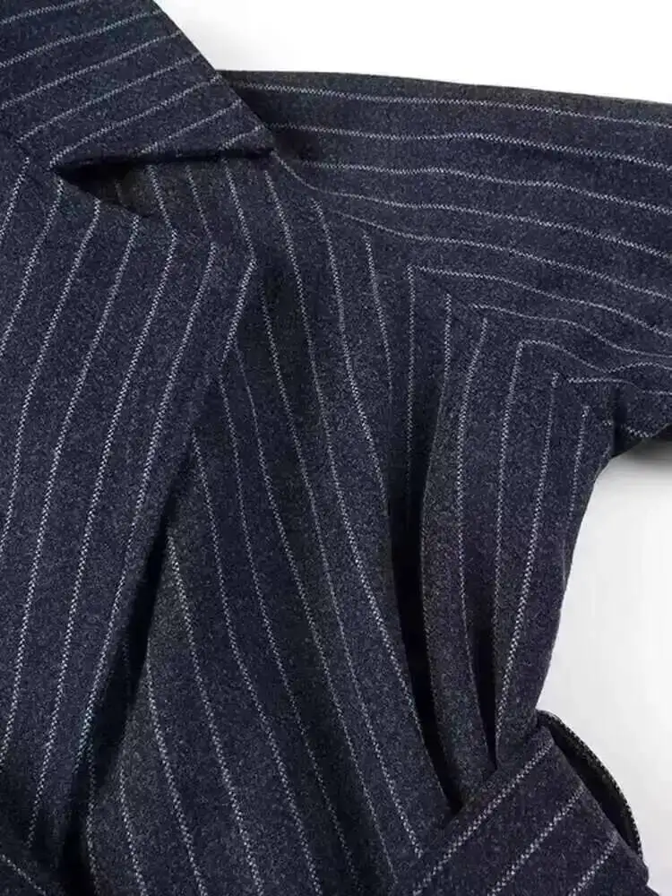 여성용 신상 라펠 긴 소매 루즈핏 윈드브레이커 패션 트렌드 봄 가을 2026 블루 스트라이프 스카프 캐주얼 트렌치코트