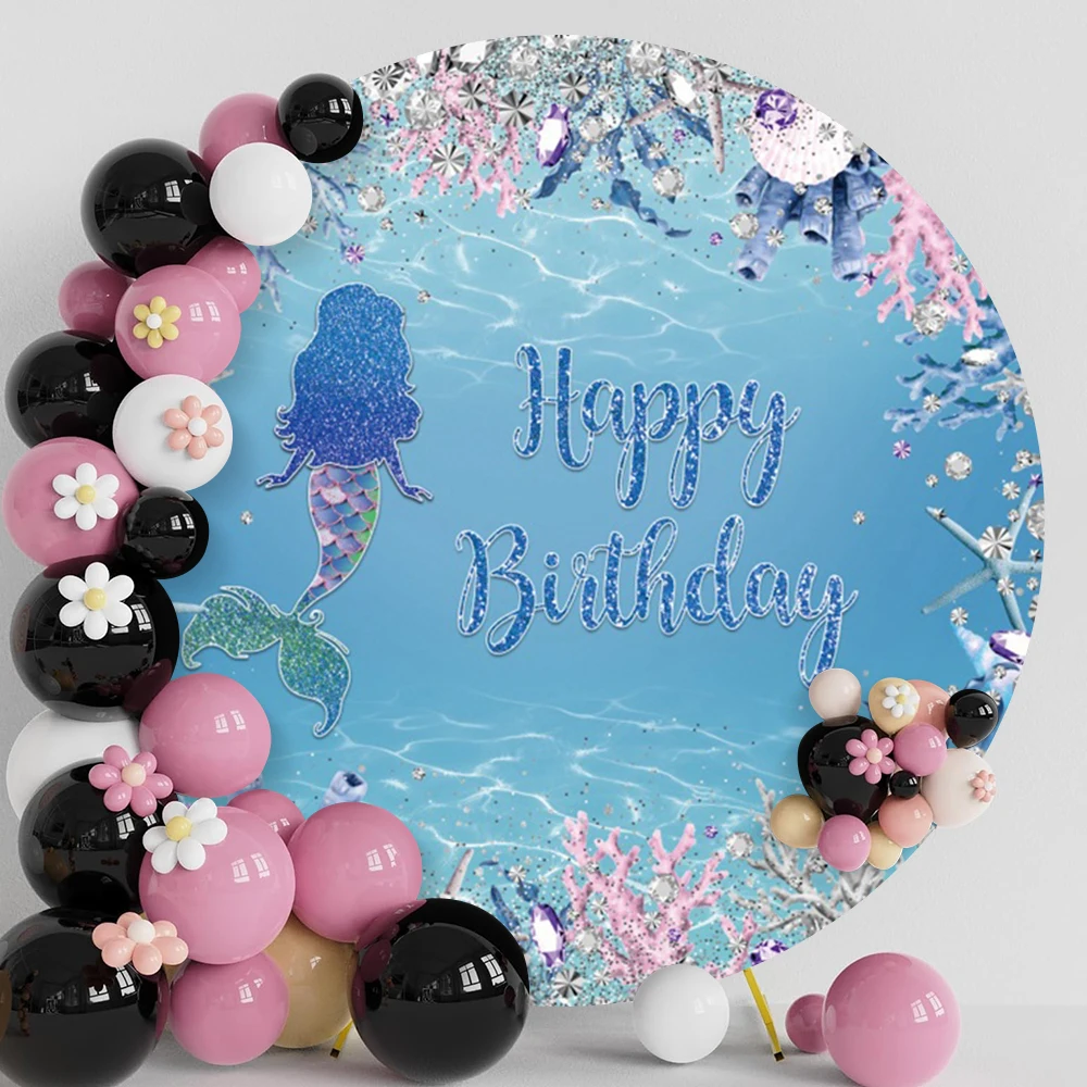 Mermaid Round Backdrop Cover Underwater World Princess Portrait Girls Birthday Baby Shower Circle Polyester Photo Background