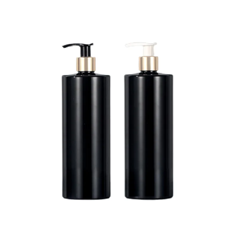 10pcs Black Plastic Bottle Gold Silver Pump Flat Shoulder PET Cosmetic Packaging Container Empty Lotion Bottles 300ml 500ml