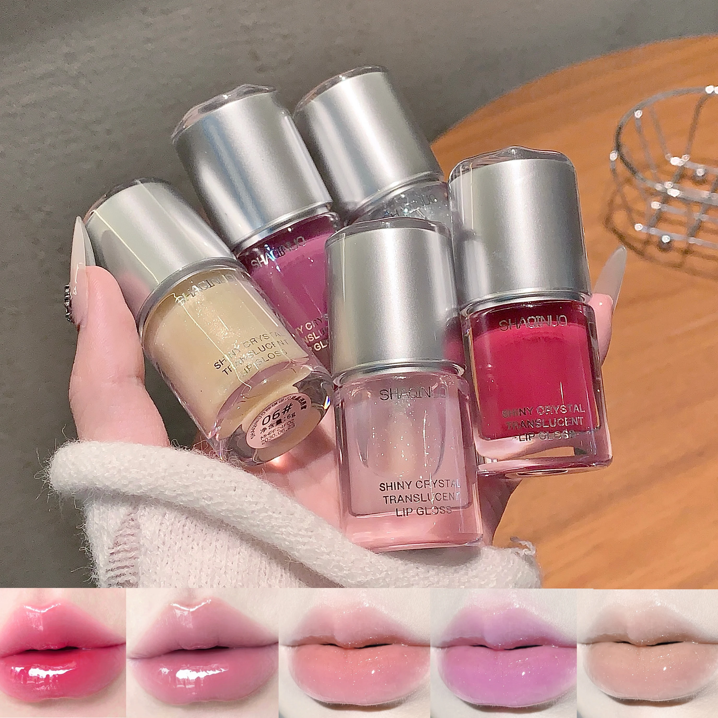 SHAQINUO Glittering Mirror Lip Glaze, Watery Shimmering Light Lip Gloss Makeup 6g 6 Color, Hydrating Moisturizing, Long Lasting