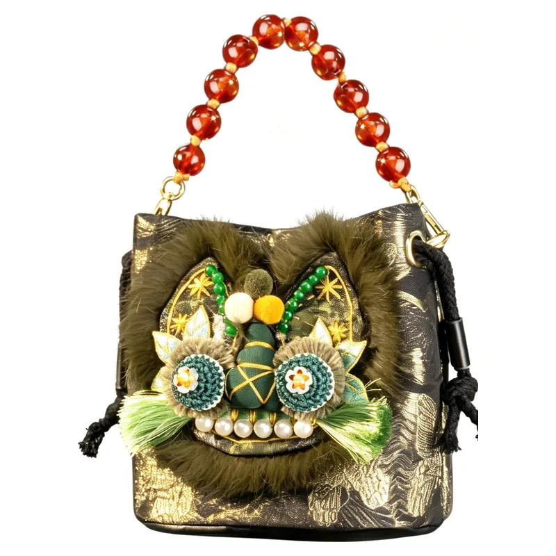 Women Chinese Style Tiger Head Embroidered Bucket Bag Handmade Ethnic Hanfu Crossbody Phone Pouch