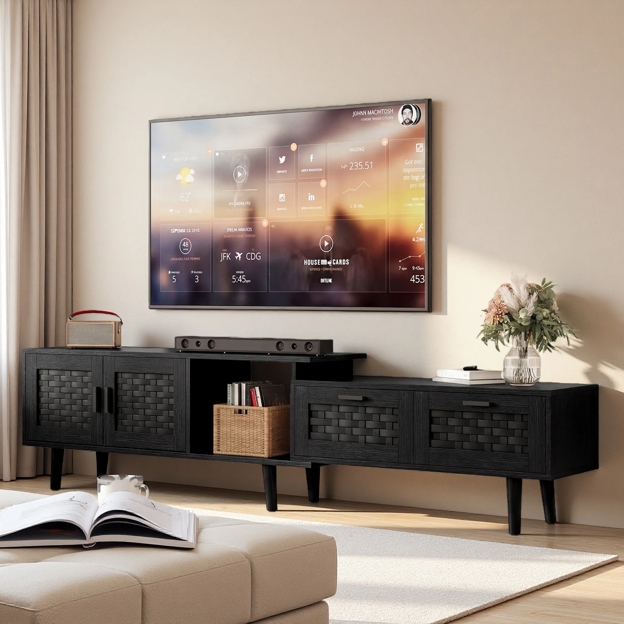 FANGANGE Meuble TV extensible pour téléviseur de 75 pouces, portes de meuble en PVC imitation rotin tressé, longueur réglable de 146 à 180 cm, rangement multiple avec tiroirs et armoires, meuble bas moderne pour salon, noir/chêne