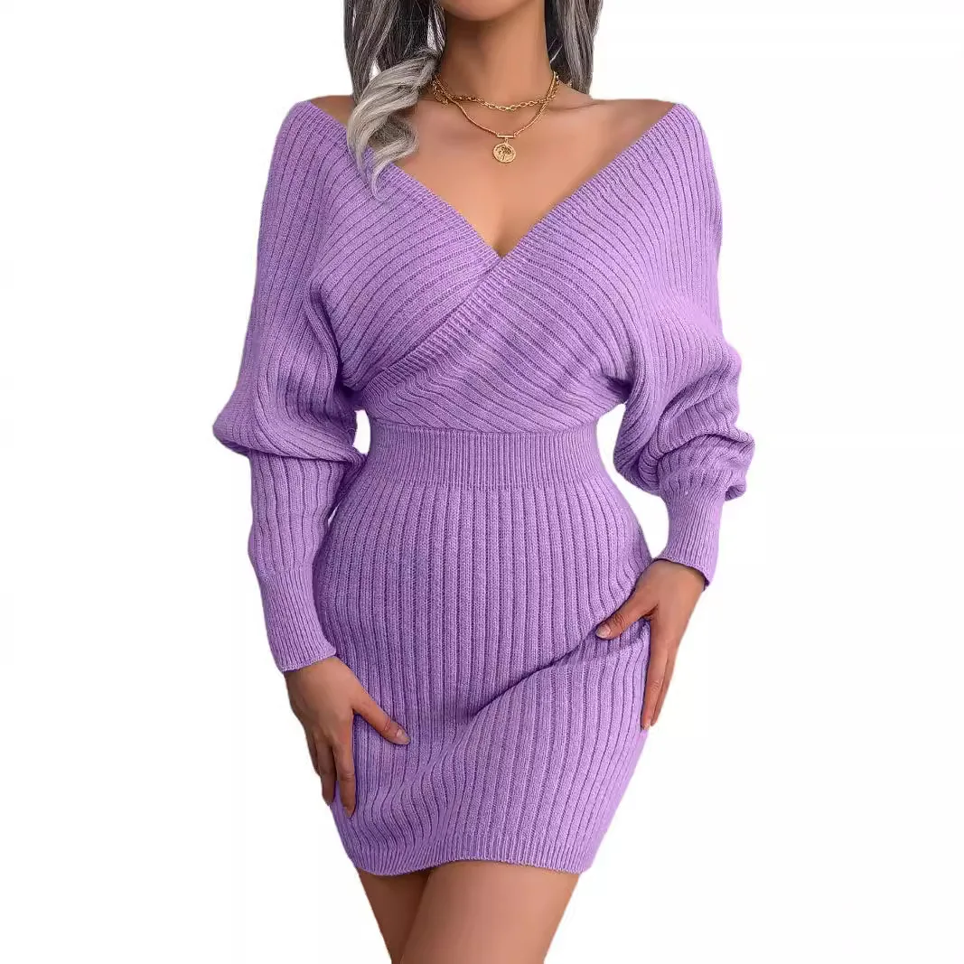 2024 Women Sexy Cross V-neck Bat Skirt Hip Cover Dress Elegant Sweater Knit Wrap Batwing Sleeve Winter Long Sleeve Bodycon Dress