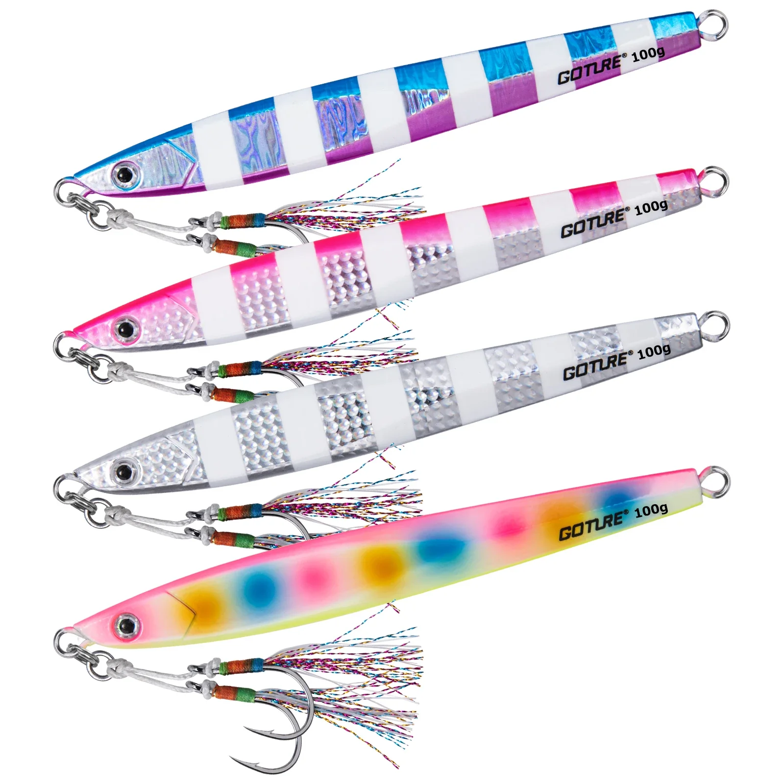 

Goture 4pcs Fast Sinking Jigging Lure Set 80g 100g 150g Luminous Saltwater Fishing Lure Metal Jigs Sinking Bass Artificial Bait