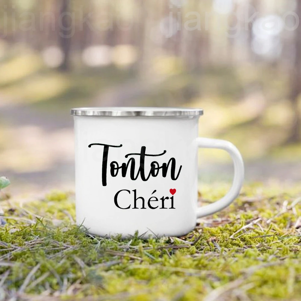 French Printed Enamel Mug Drink Milk Coffee Cups Camping Mugs Holiday Birthday Gifts for Tata Marraine Tonton Mamie Papy Parrain