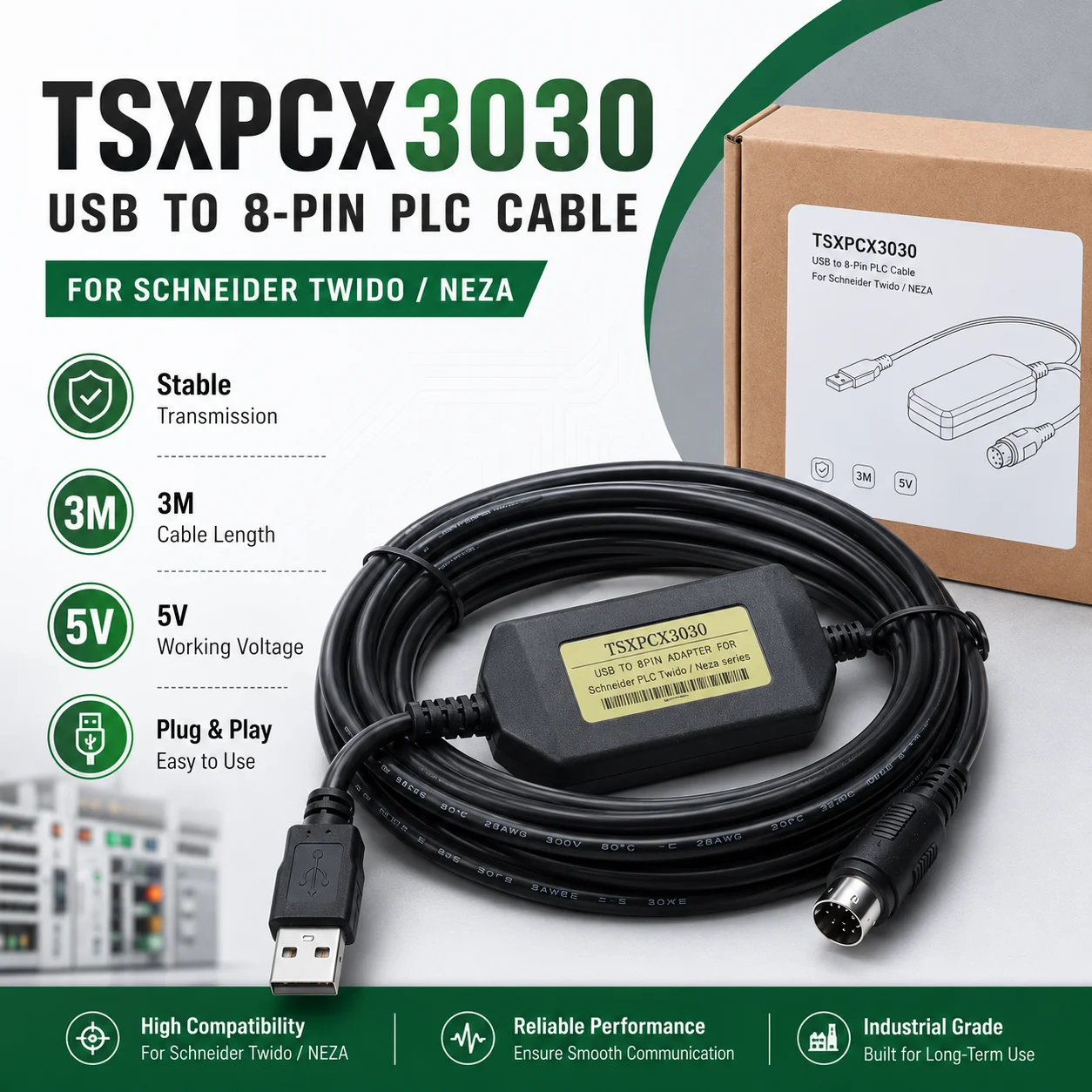 TSXPCX3030 3M PLC Programming Cable, USB to 8-Pin Download Adapter for Schneider Twido NEZA Series, 5V Communication