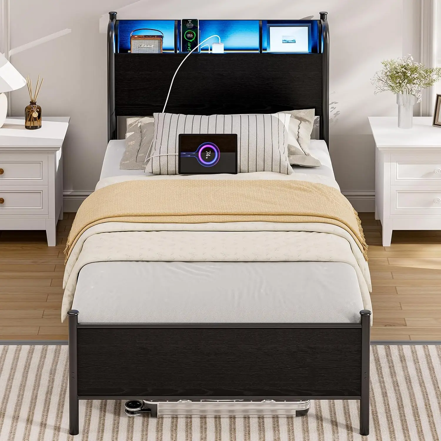 XL Platform Bed Heavy Duty Metal with Storage Shelf Headboard And Charging Station LED Lights Under-Bed Storage Bed Frame