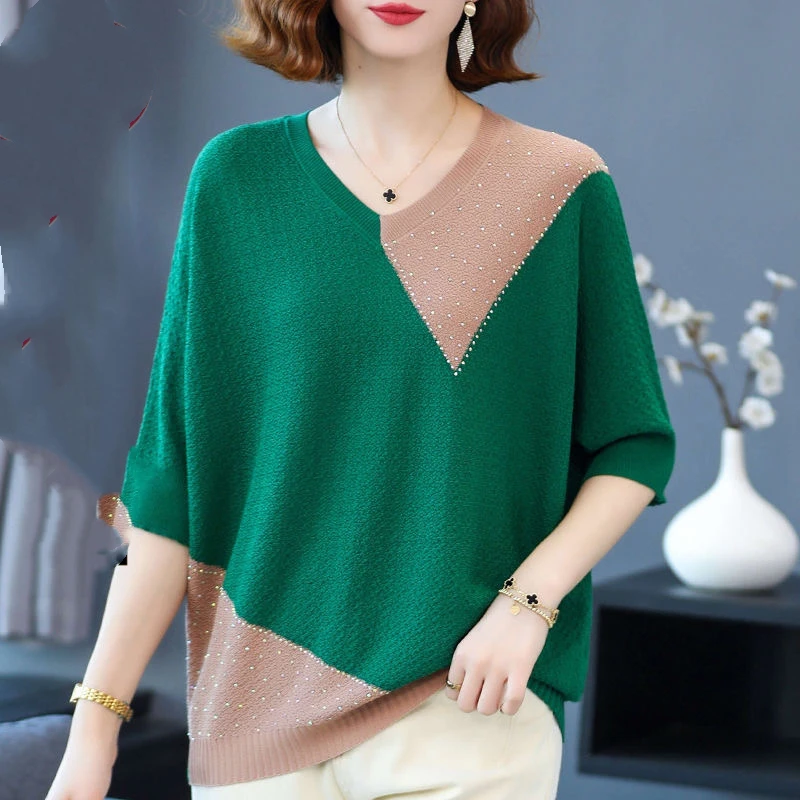 Simplicity Office Lady Summer Women\'s O-Neck Tie Dye Contrast Color Decoration Fashion Casual Loose Half Sleeve T-Shirts Tops