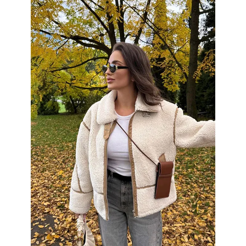 

Women's Sheepskin Zipper Cropped Coats Fashion Long Sleeve Lapel Female Pockets Jacket 2025 New Winter Lady Commuting Outerwears