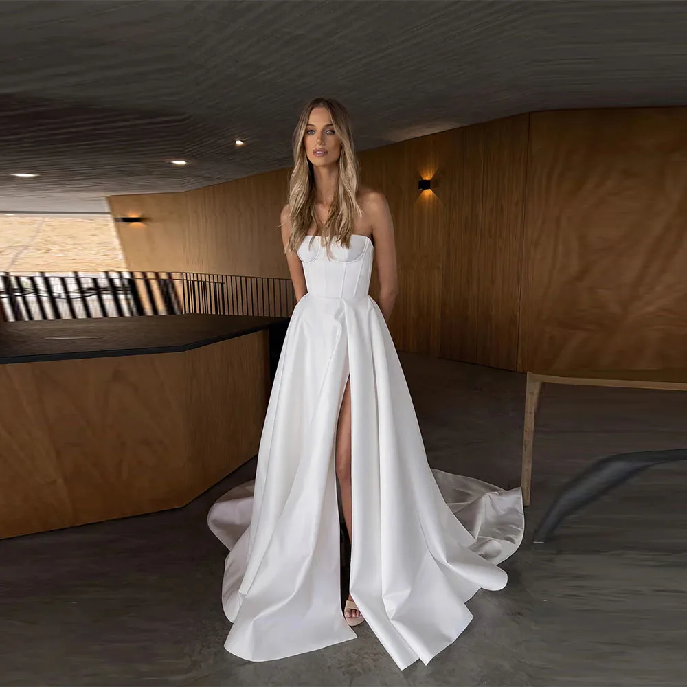 

Customized Solid Satin Elegant Wedding Dresses Off Shoulder A-Line High Satin Backless Bridal Gowns Corset For Women 2025