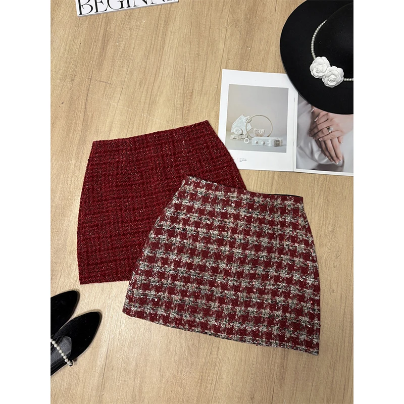 MEXZT Vintage Tweed Mini jupe femmes élégant rouge Plaid hanche portefeuille jupes hiver coréen taille haute mince conception une ligne Faldas nouveau