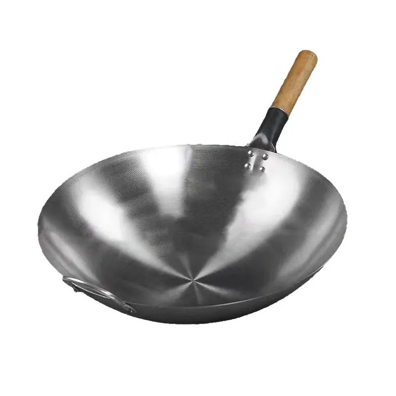 Traditional Single Handle Wok Uncoated Refined Iron Cooking Utensil Non-Stick Street Food Commercial Large Size for Stir-Frying