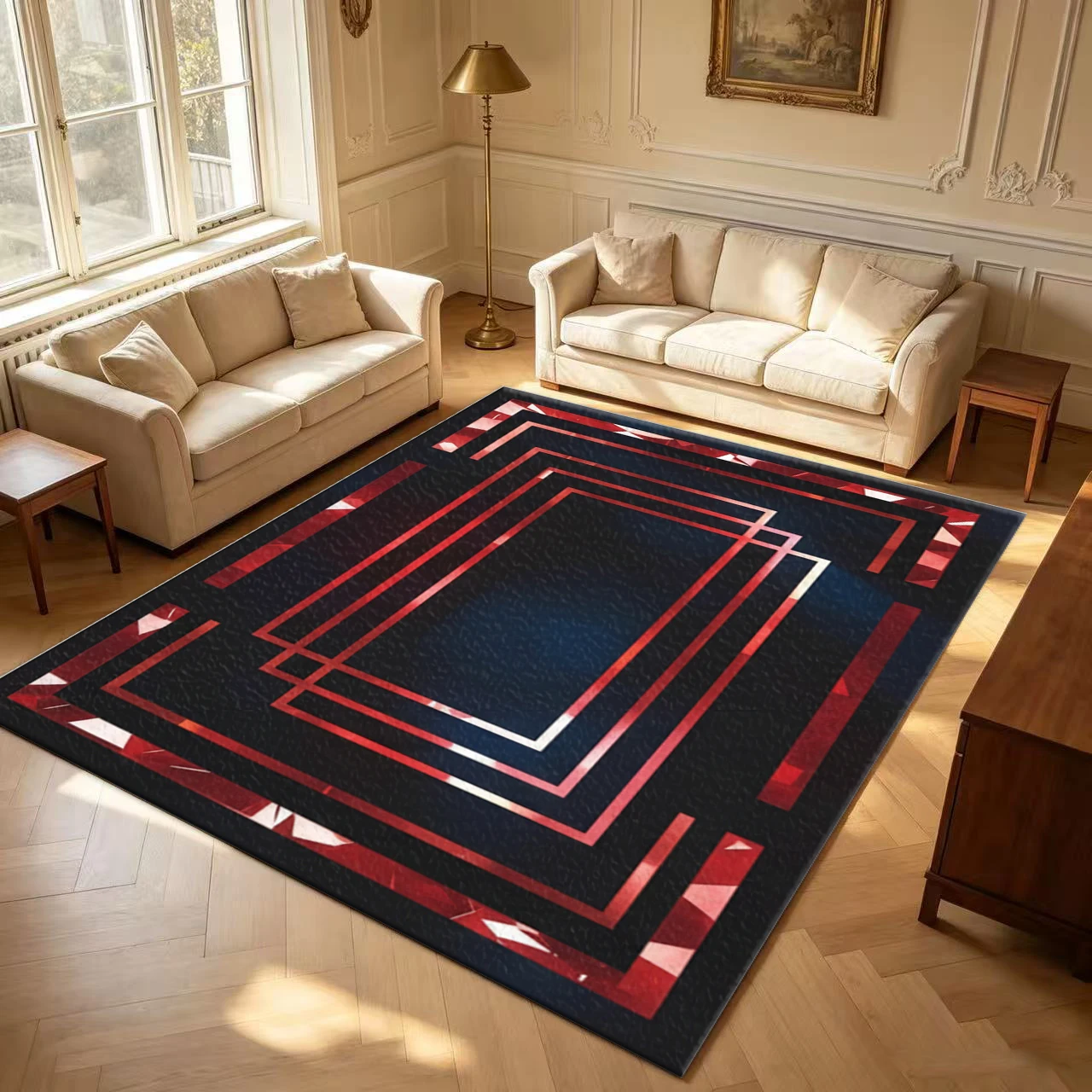 Luxurious Red and Black Geometric Pattern Framed Carpet Modern Crystal Border Carpet Non-Slip Washable Living Room Bedroom Floor Mat