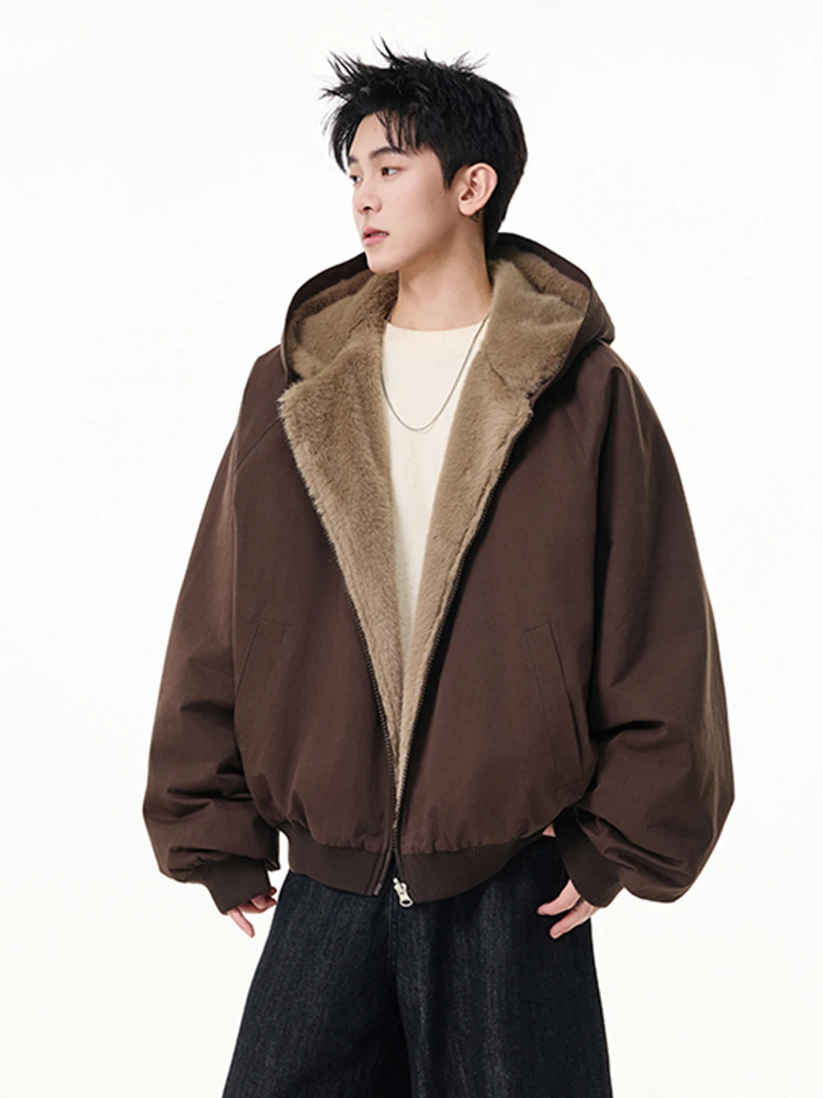 Dwustronny płaszcz męski zimowy z podszewką z imitacji futra królika, bawełniany, modny, luźny, wysokiej jakości, ocieplany, z kapturem.