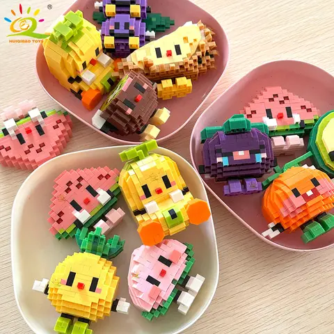 HUIQIBAO 미니 귀여운 맛있는 과일 마이크로 빌딩 블록 3D 다이아몬드 모델 음식 벽돌 DIY 도시 건설 장난감 어린이위한