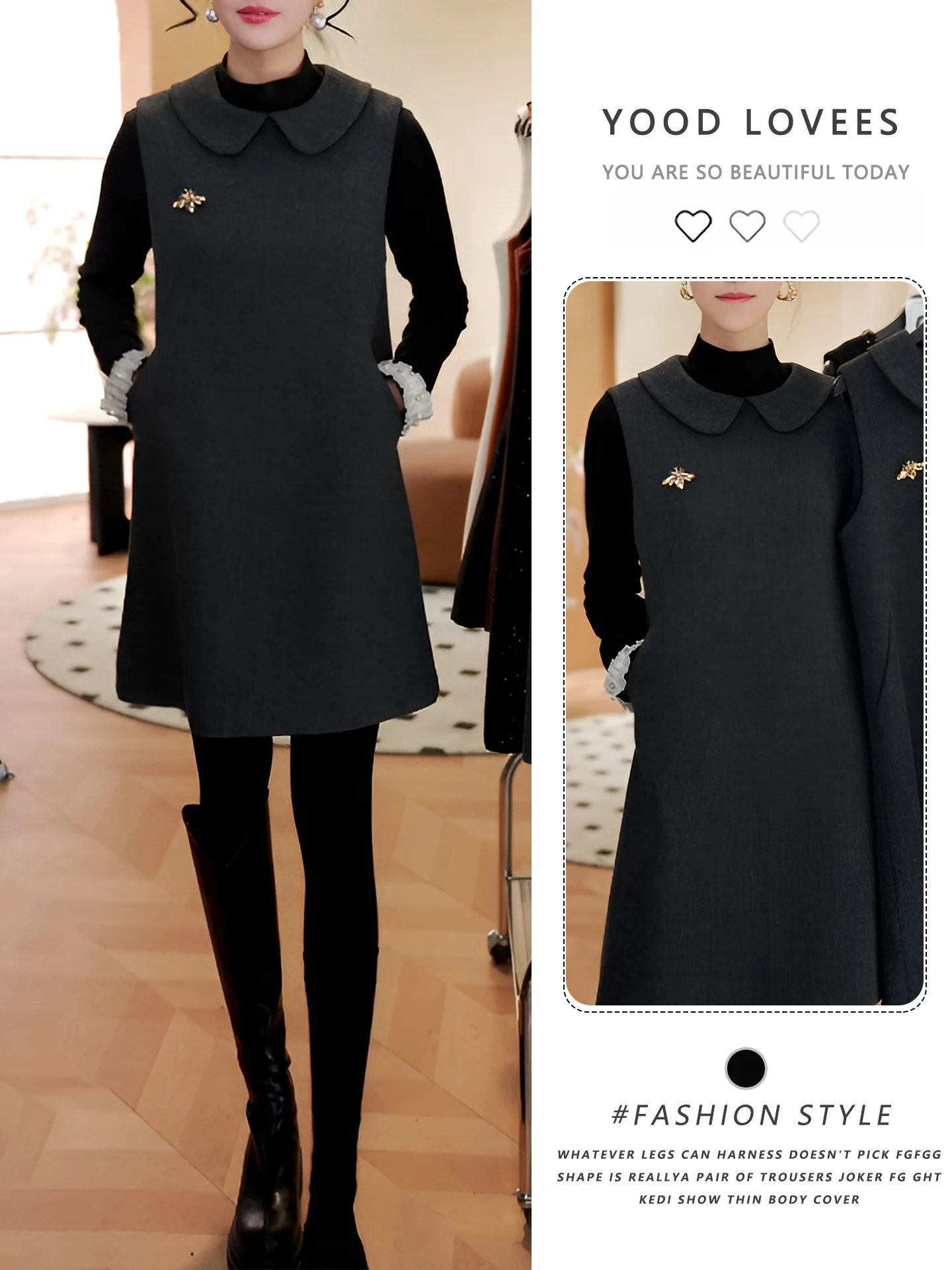 

Retro Grey Doll Collar Sleeveless Vest Dress Unique Beautiful round Neck Base Shirt Two Piece Set Fashionable Commute Style