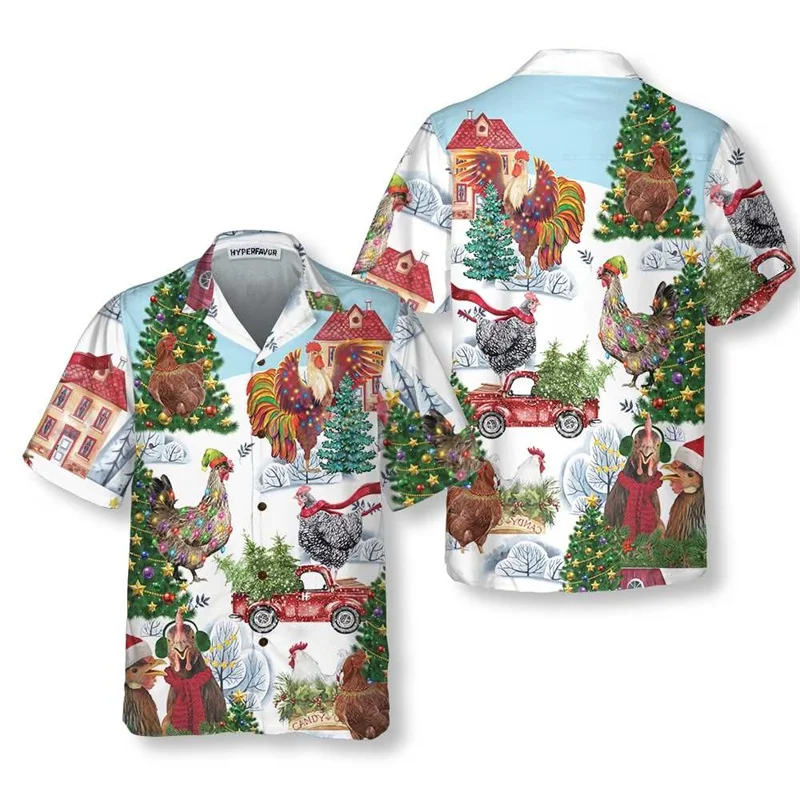 Happy Rooster Printed Hawaiian Shirt For Men Casual Short Sleeve Oversized Holiday Shirts Men's Button Up Surfing Shirt