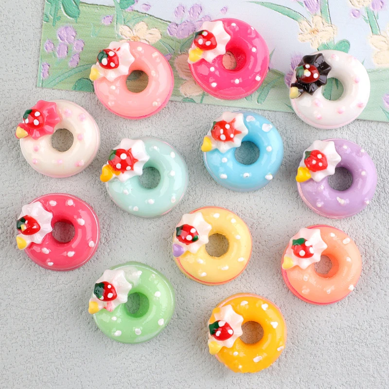 10pcs 18mm Diy Resin Strawberry Doughnut Charms Kawaii Flatback Cabochon Simulated Food Fake Miniature Mold Decoration Ornament