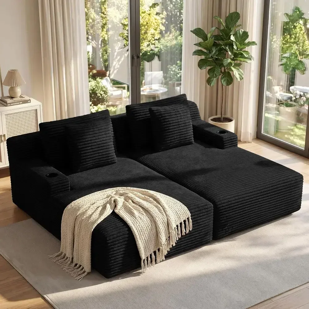 80 Double Chaise Lounge Chair, Indoor Deep Seat Sofa with Cup Holders, Corduroy, 4 Pillows Included