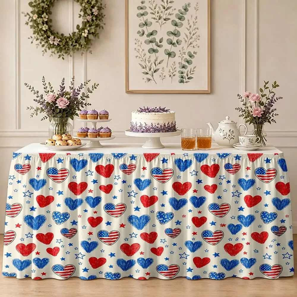 One-piece table skirt decoration - patriotic heart-shaped and star-patterned lace-edged tablecloth - suitable for use