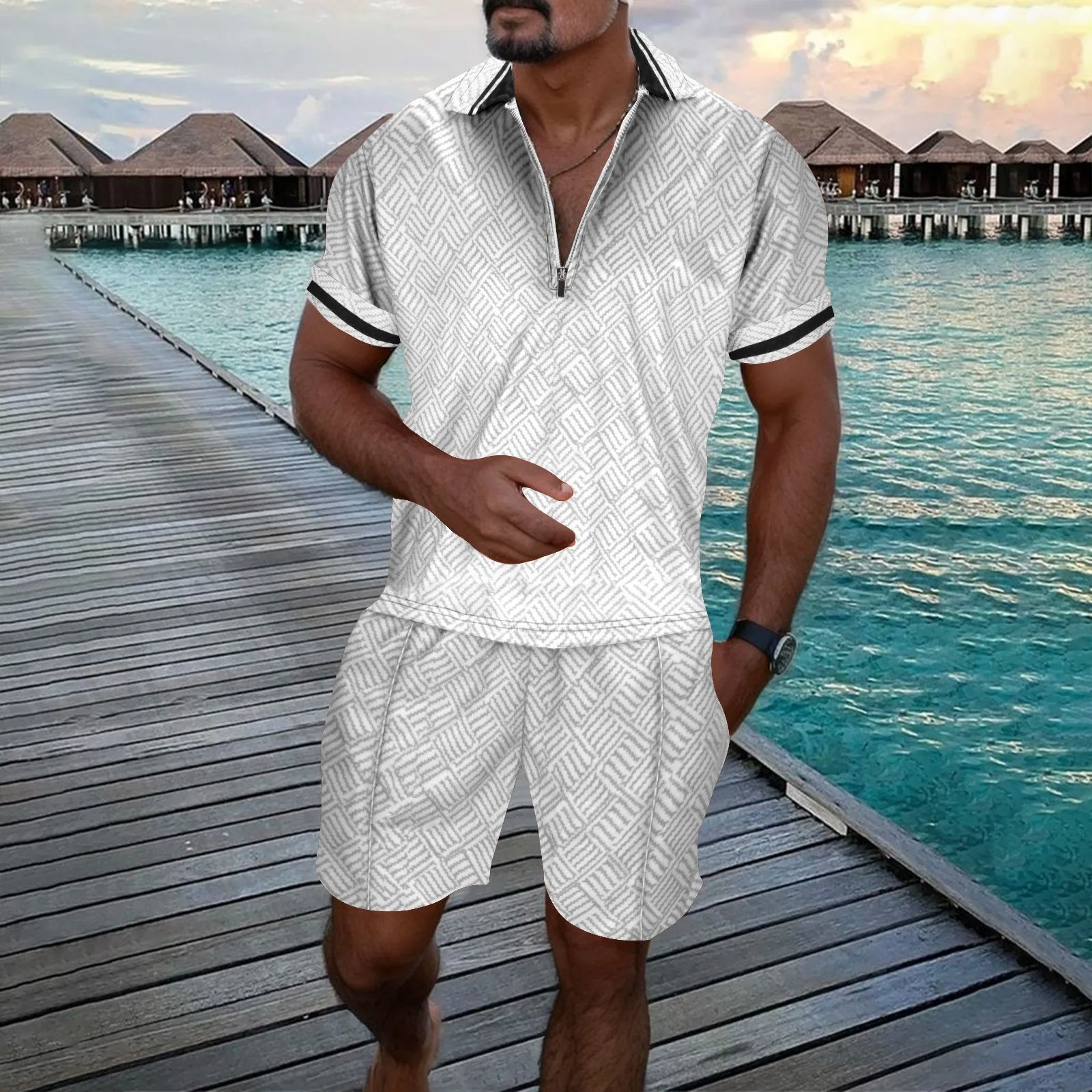 

Mens T Shirt Tall Male Casual Print Two Piece Suit Zipper Short Sleeve Top Blouse Suit Drawstring Pocket Men Long Sleeved Tee