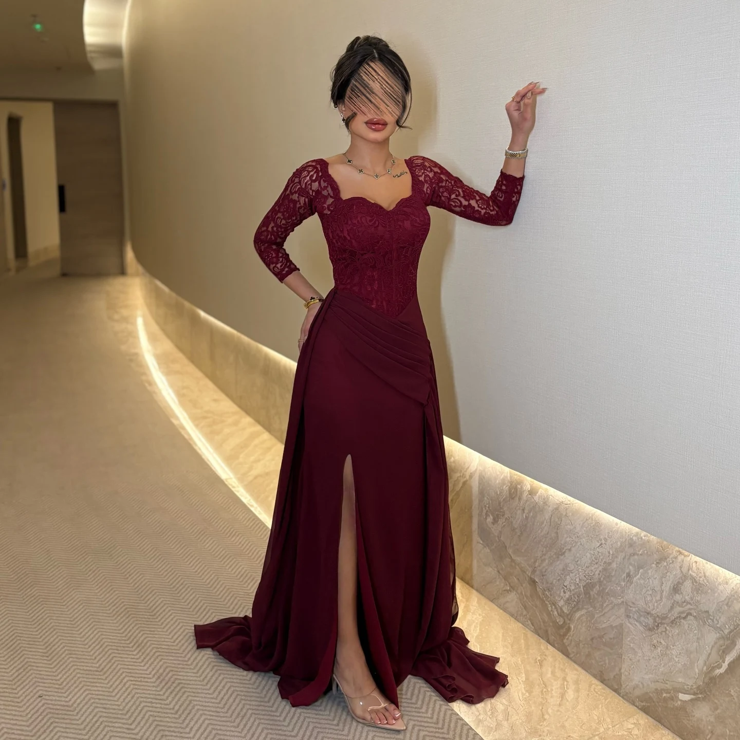 

Customized Long Sleeves Prom Dresses Sweetheart Side Split Floor Length Evening Dresses Pleated Lace Party Dresses