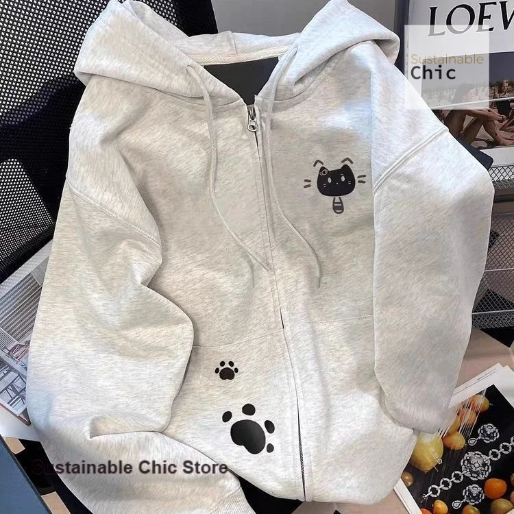 

Korean style lazy wind fun cute cat cardigan sweater women's spring and autumn new little super beautiful Joker hooded coat.