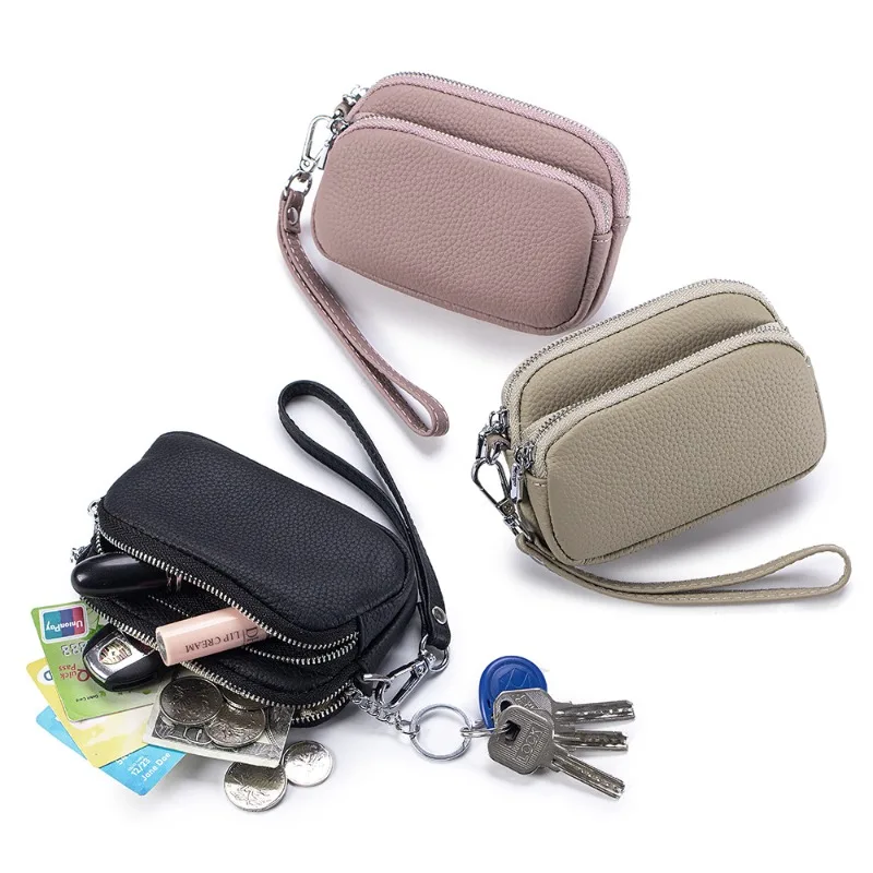 Women Pebbled Leather Double Zipper Coin Purse, Smooth Zipper Closure Wristlet Wallet,Premium Leather Organizer Wallet for Women