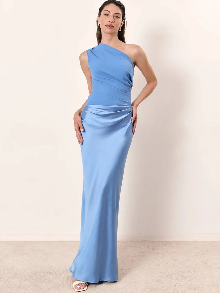 JULISSA MO Patchwork Satin Sexy One Shoulder Women Maxi Dress Brown  Sleeveless Evening Dress Summer Slim Elegant Party Clubwear - AliExpress
