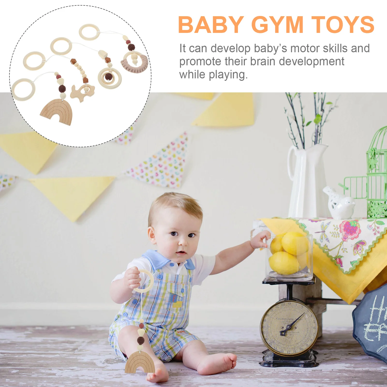 4-teiliges Fitnessstudio-Rack-Spielzeug für Babys, hängende Rasseln, Spielzimmer, Perlen, Kinderzimmer, Kinderwagen, Anhänger aus Holz, Spielen, Fitness